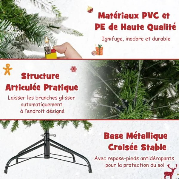 Sapin de Noël Artificiel de 190 cm Arbre de Noël à Charnières Floqué de Neige 671 Pointes 60 Pommes de Pin 280 Lumières LED Blanc Chaud