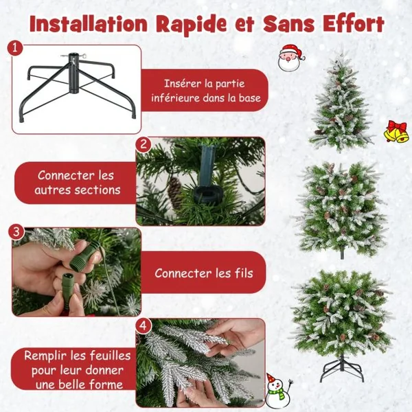 Sapin de Noël Artificiel de 190 cm Arbre de Noël à Charnières Floqué de Neige 671 Pointes 60 Pommes de Pin 280 Lumières LED Blanc Chaud
