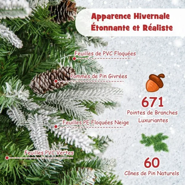 Sapin de Noël Artificiel de 190 cm Arbre de Noël à Charnières Floqué de Neige 671 Pointes 60 Pommes de Pin 280 Lumières LED Blanc Chaud
