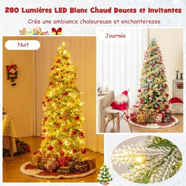 Sapin de Noël Artificiel de 190 cm Arbre de Noël à Charnières Floqué de Neige 671 Pointes 60 Pommes de Pin 280 Lumières LED Blanc Chaud