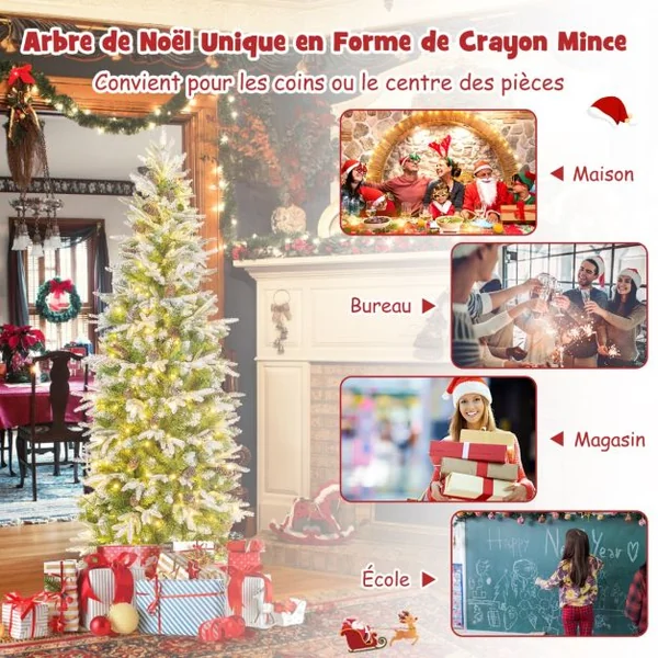 Sapin de Noël Artificiel de 190 cm Arbre de Noël à Charnières Floqué de Neige 671 Pointes 60 Pommes de Pin 280 Lumières LED Blanc Chaud