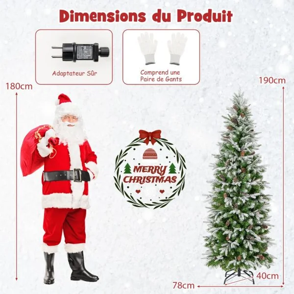 Sapin de Noël Artificiel de 190 cm Arbre de Noël à Charnières Floqué de Neige 671 Pointes 60 Pommes de Pin 280 Lumières LED Blanc Chaud