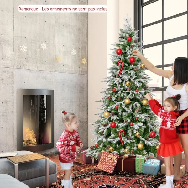 Sapin de Noël Artificiel de 190 cm Arbre de Noël à Charnières Floqué de Neige 765 Pointes 62 Pommes de Pin 280 Lumières LED Blanc Chaud