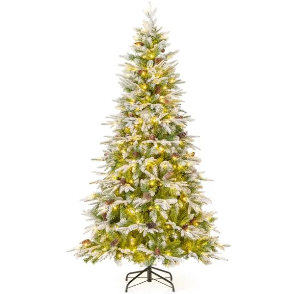 Sapin de Noël Artificiel de 190 cm Arbre de Noël à Charnières Floqué de Neige 765 Pointes 62 Pommes de Pin 280 Lumières LED Blanc Chaud