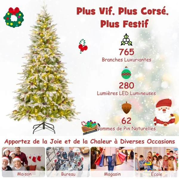 Sapin de Noël Artificiel de 190 cm Arbre de Noël à Charnières Floqué de Neige 765 Pointes 62 Pommes de Pin 280 Lumières LED Blanc Chaud