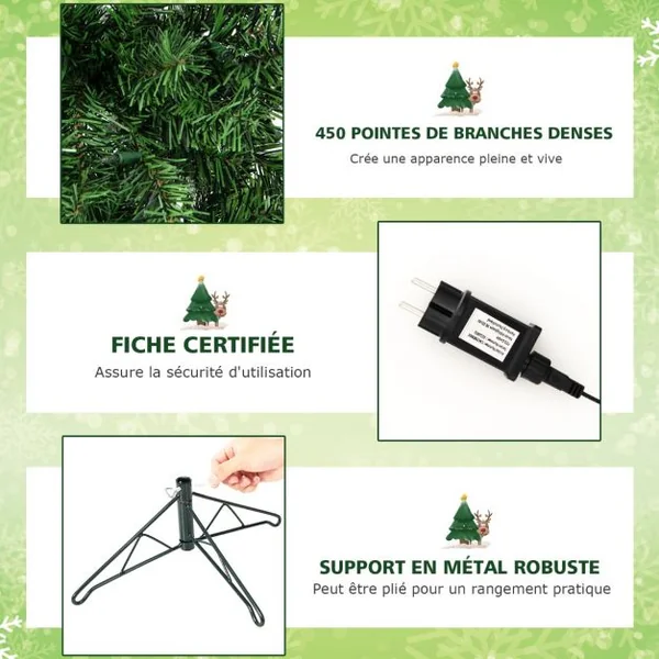 Sapin de Noël Artificiel Demi Arbre Mural 210 cm 150 LED Lumières Blanc Chaud 450 Pointes de Branches Support en Métal