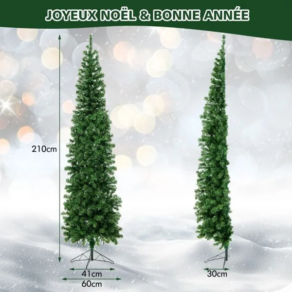 Sapin de Noël Artificiel Demi Arbre Mural 210 cm 150 LED Lumières Blanc Chaud 450 Pointes de Branches Support en Métal