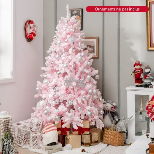 Sapin De Noël Artificiel Floqué de 185 cm 808 Branches en PVV 350 Lumières LED et 8 Modes d'Éclairage Arbre d’Décoration Pré-Eclairé Rose