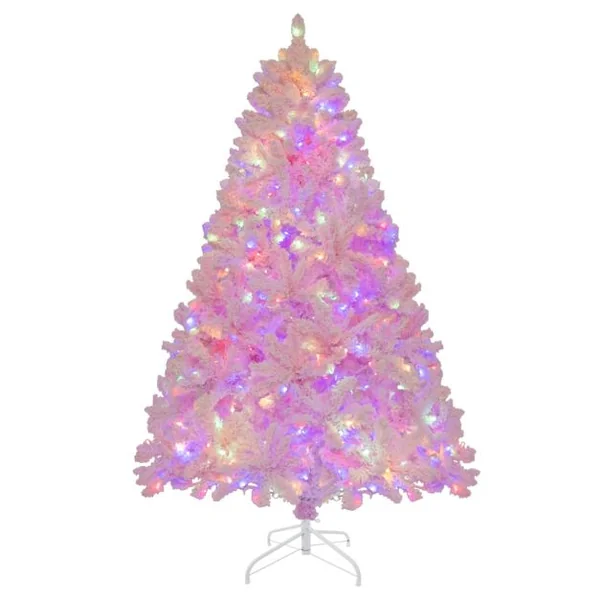 Sapin De Noël Artificiel Floqué de 185 cm 808 Branches en PVV 350 Lumières LED et 8 Modes d'Éclairage Arbre d’Décoration Pré-Eclairé Rose