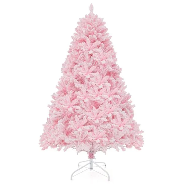 Sapin De Noël Artificiel Floqué de 185 cm 808 Branches en PVV 350 Lumières LED et 8 Modes d'Éclairage Arbre d’Décoration Pré-Eclairé Rose
