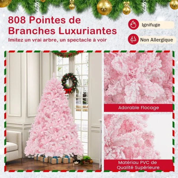 Sapin De Noël Artificiel Floqué de 185 cm 808 Branches en PVV 350 Lumières LED et 8 Modes d'Éclairage Arbre d’Décoration Pré-Eclairé Rose