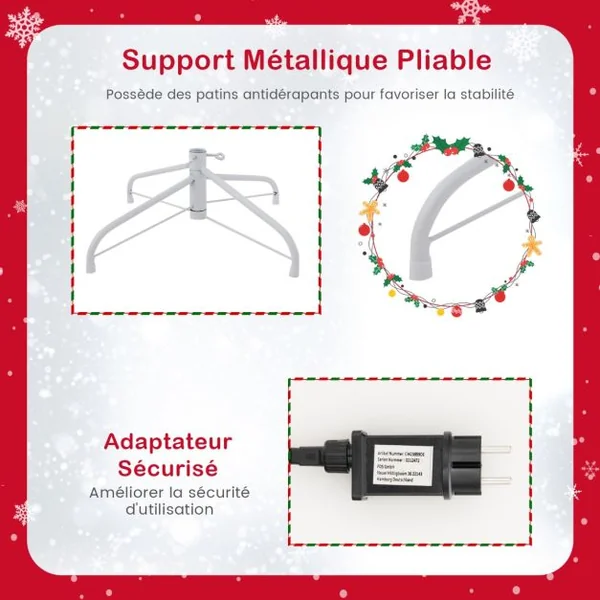 Sapin De Noël Artificiel Floqué de 185 cm 808 Branches en PVV 350 Lumières LED et 8 Modes d'Éclairage Arbre d’Décoration Pré-Eclairé Rose