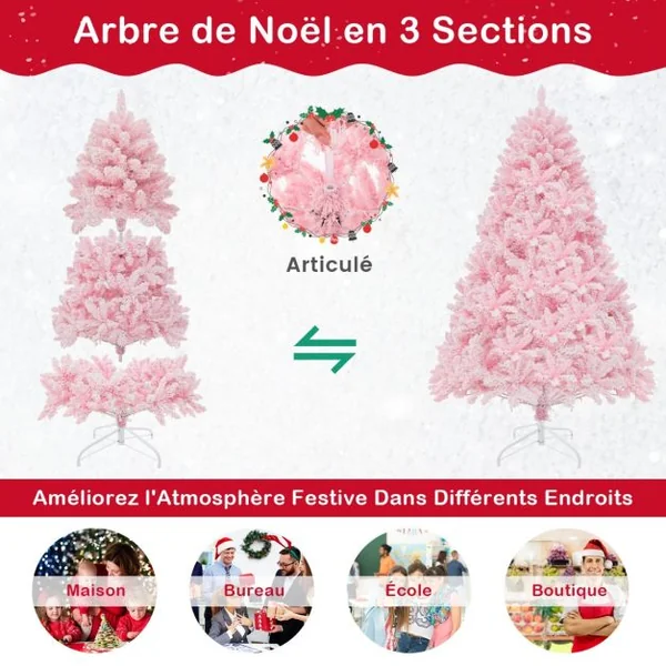 Sapin De Noël Artificiel Floqué de 185 cm 808 Branches en PVV 350 Lumières LED et 8 Modes d'Éclairage Arbre d’Décoration Pré-Eclairé Rose
