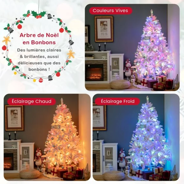 Sapin De Noël Artificiel Floqué de 185 cm 808 Branches en PVV 350 Lumières LED et 8 Modes d'Éclairage Arbre d’Décoration Pré-Eclairé Rose