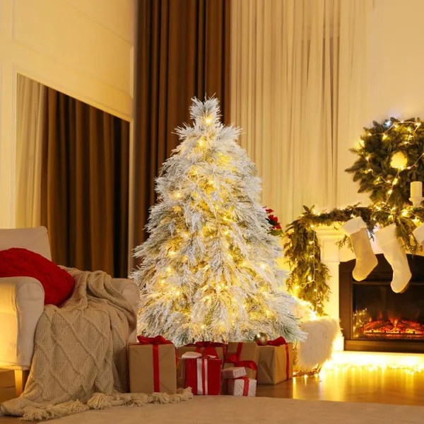 Sapin de Noël Artificiel Floqué à Charnières Lumières LED Blanc Chaud Pointes de Branche Aiguilles de Pin Feuilles de Saule 146cm