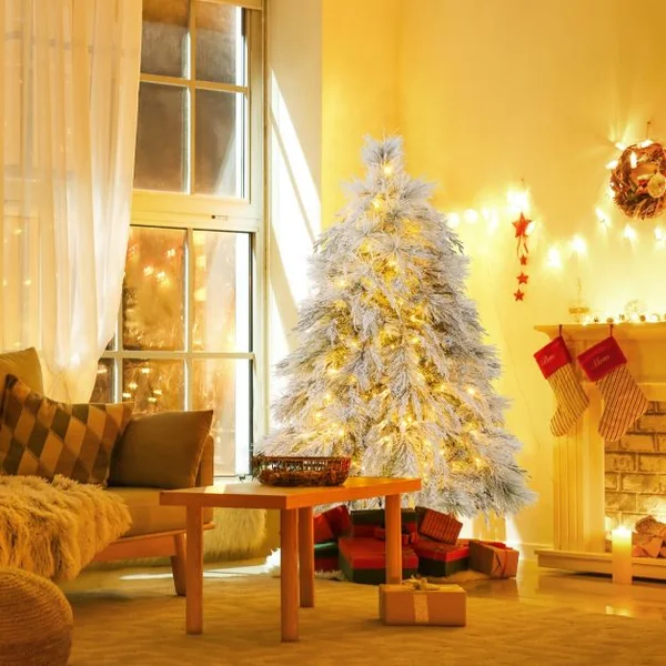 Sapin de Noël Artificiel Floqué à Charnières Lumières LED Blanc Chaud Pointes de Branche Aiguilles de Pin Feuilles de Saule 146cm