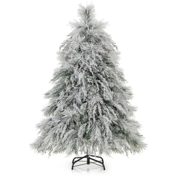Sapin de Noël Artificiel Floqué à Charnières Lumières LED Blanc Chaud Pointes de Branche Aiguilles de Pin Feuilles de Saule 146cm