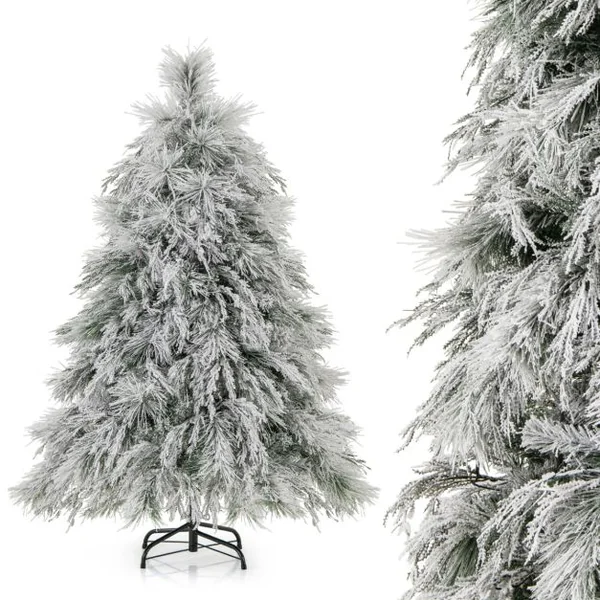Sapin de Noël Artificiel Floqué à Charnières Lumières LED Blanc Chaud Pointes de Branche Aiguilles de Pin Feuilles de Saule 146cm