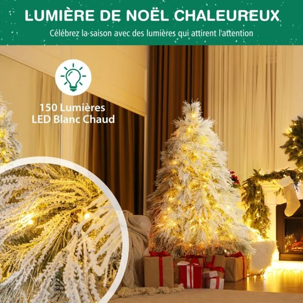 Sapin de Noël Artificiel Floqué à Charnières Lumières LED Blanc Chaud Pointes de Branche Aiguilles de Pin Feuilles de Saule 146cm