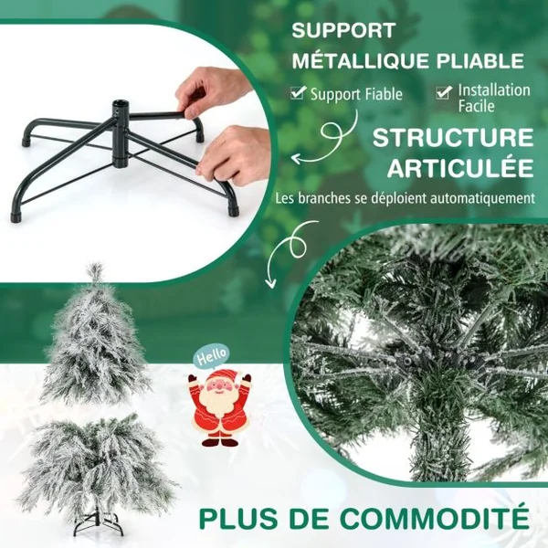 Sapin de Noël Artificiel Floqué à Charnières Lumières LED Blanc Chaud Pointes de Branche Aiguilles de Pin Feuilles de Saule 146cm