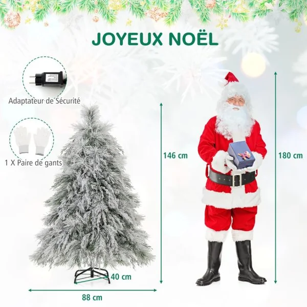 Sapin de Noël Artificiel Floqué à Charnières Lumières LED Blanc Chaud Pointes de Branche Aiguilles de Pin Feuilles de Saule 146cm