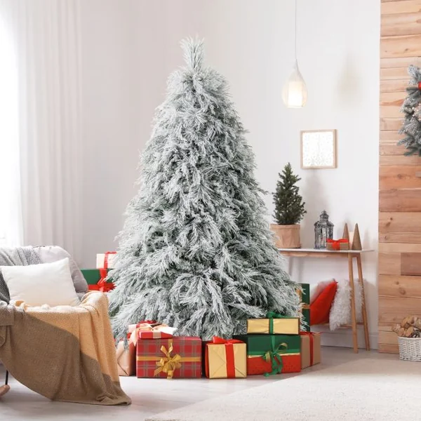 Sapin de Noël Artificiel Floqué à Charnières Lumières LED Blanc Chaud Pointes de Branche Aiguilles de Pin Feuilles de Saule Haute de 180cm