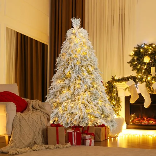 Sapin de Noël Artificiel Floqué à Charnières Lumières LED Blanc Chaud Pointes de Branche Aiguilles de Pin Feuilles de Saule Haute de 180cm