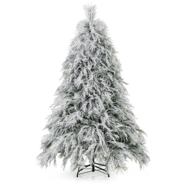 Sapin de Noël Artificiel Floqué à Charnières Lumières LED Blanc Chaud Pointes de Branche Aiguilles de Pin Feuilles de Saule Haute de 180cm