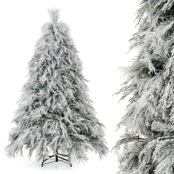 Sapin de Noël Artificiel Floqué à Charnières Lumières LED Blanc Chaud Pointes de Branche Aiguilles de Pin Feuilles de Saule Haute de 180cm