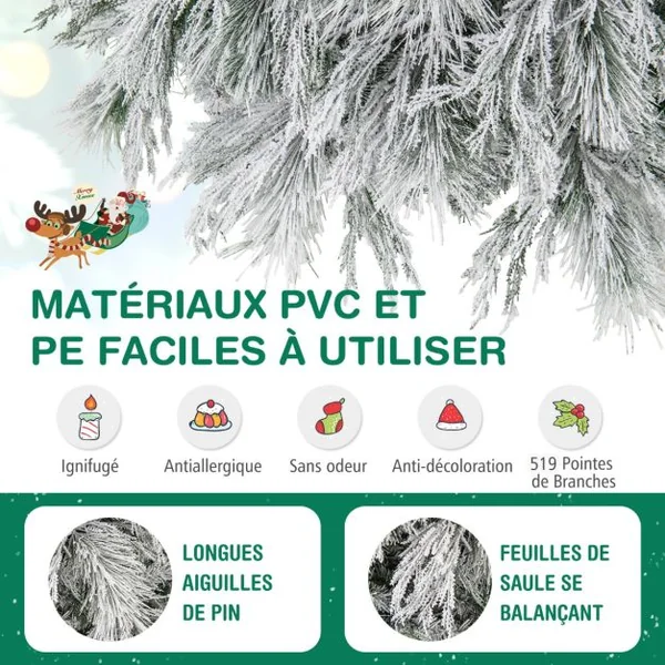 Sapin de Noël Artificiel Floqué à Charnières Lumières LED Blanc Chaud Pointes de Branche Aiguilles de Pin Feuilles de Saule Haute de 180cm