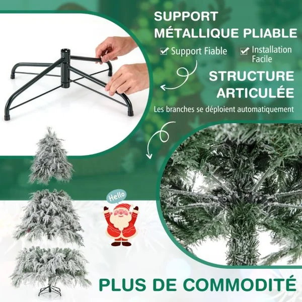 Sapin de Noël Artificiel Floqué à Charnières Lumières LED Blanc Chaud Pointes de Branche Aiguilles de Pin Feuilles de Saule Haute de 180cm