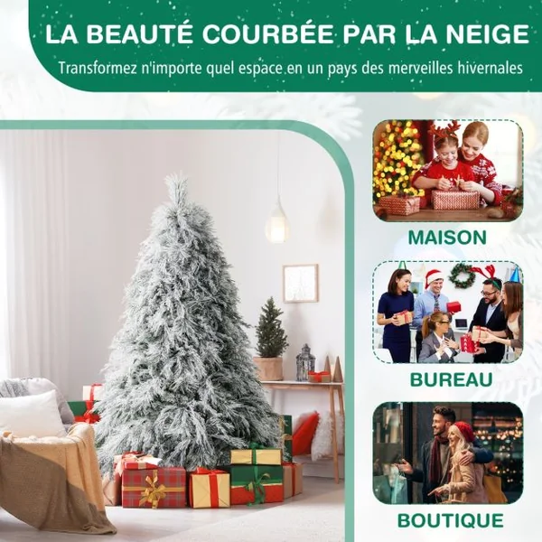 Sapin de Noël Artificiel Floqué à Charnières Lumières LED Blanc Chaud Pointes de Branche Aiguilles de Pin Feuilles de Saule Haute de 180cm