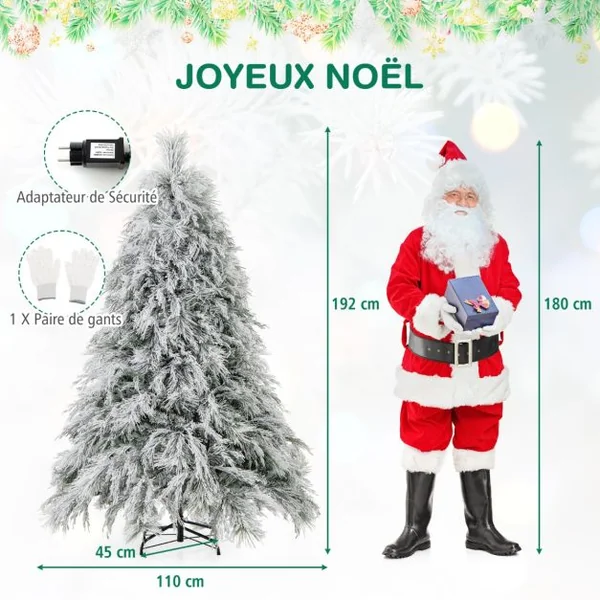 Sapin de Noël Artificiel Floqué à Charnières Lumières LED Blanc Chaud Pointes de Branche Aiguilles de Pin Feuilles de Saule Haute de 180cm