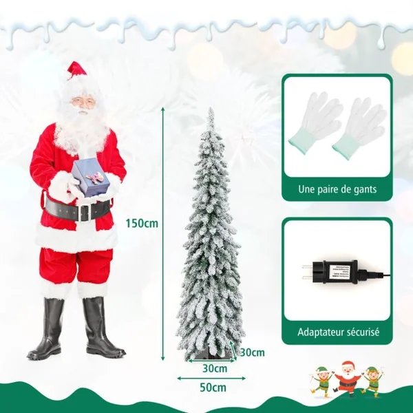 Sapin de Noël Artificiel Illuminé 150 Arbre de Noël Mince floqué de Neige Lumières LED Multicolores et Blanc Chaud 11 Modes d'éclairage 334 Branches