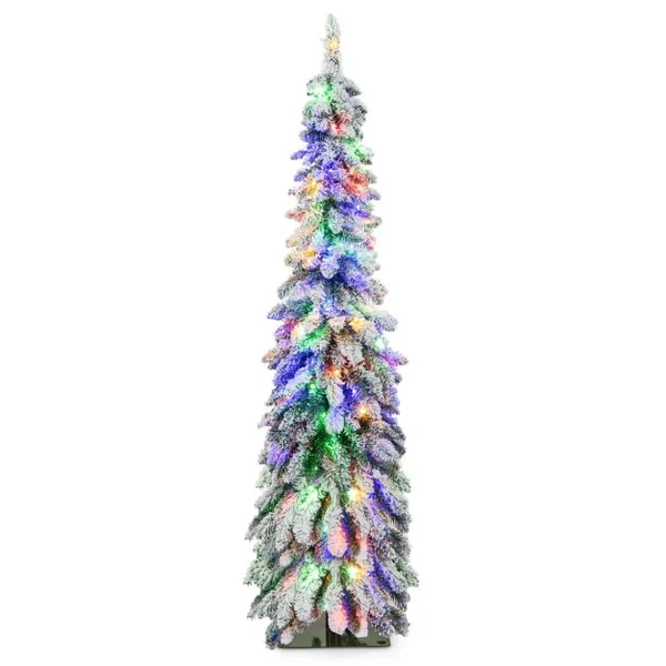 Sapin de Noël Artificiel Illuminé 150 Arbre de Noël Mince floqué de Neige Lumières LED Multicolores et Blanc Chaud 11 Modes d'éclairage 334 Branches