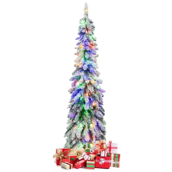 Sapin de Noël Artificiel Illuminé 150 Arbre de Noël Mince floqué de Neige Lumières LED Multicolores et Blanc Chaud 11 Modes d'éclairage 334 Branches