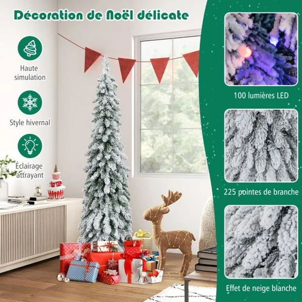 Sapin de Noël Artificiel Illuminé 150 Arbre de Noël Mince floqué de Neige Lumières LED Multicolores et Blanc Chaud 11 Modes d'éclairage 334 Branches