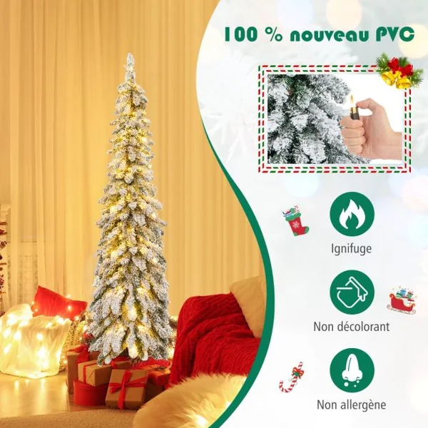 Sapin de Noël Artificiel Illuminé 150 Arbre de Noël Mince floqué de Neige Lumières LED Multicolores et Blanc Chaud 11 Modes d'éclairage 334 Branches