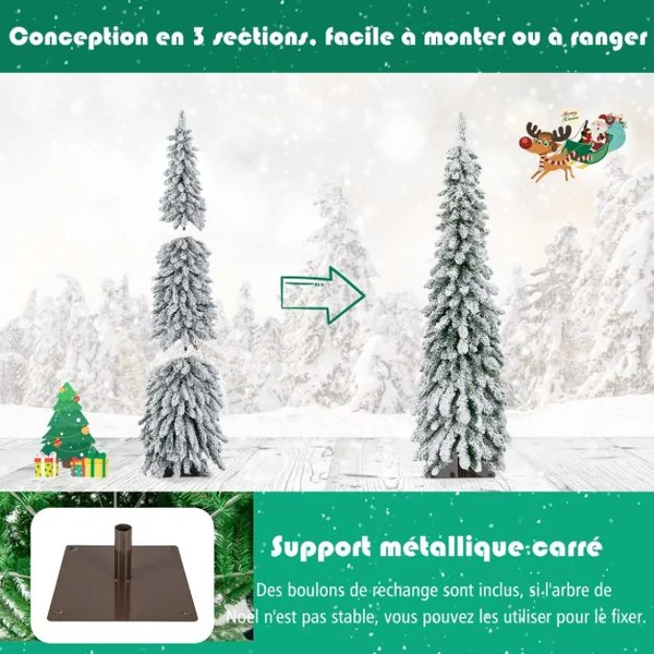 Sapin de Noël Artificiel Illuminé 150 Arbre de Noël Mince floqué de Neige Lumières LED Multicolores et Blanc Chaud 11 Modes d'éclairage 334 Branches