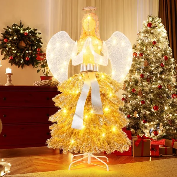 Sapin de Noël Artificiel Illuminé de 157 cm en Forme d’Ange Décoration de Noël avec LED Blanc Chaud Feuilles Dorées Piquets