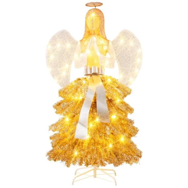 Sapin de Noël Artificiel Illuminé de 157 cm en Forme d’Ange Décoration de Noël avec LED Blanc Chaud Feuilles Dorées Piquets