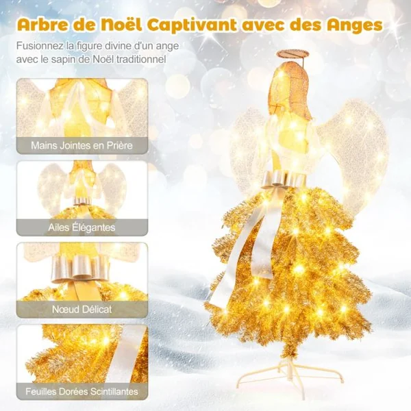 Sapin de Noël Artificiel Illuminé de 157 cm en Forme d’Ange Décoration de Noël avec LED Blanc Chaud Feuilles Dorées Piquets