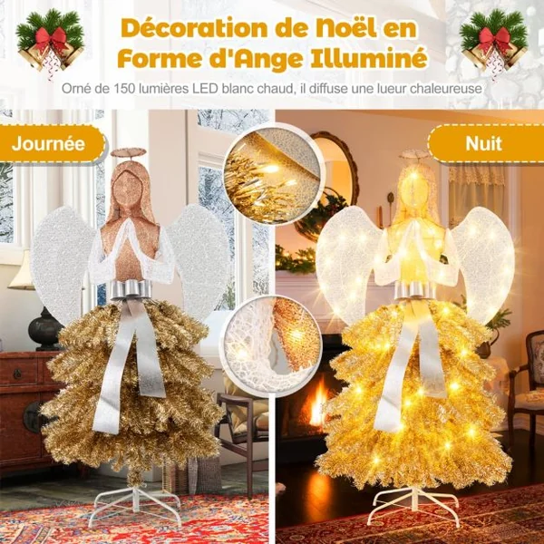 Sapin de Noël Artificiel Illuminé de 157 cm en Forme d’Ange Décoration de Noël avec LED Blanc Chaud Feuilles Dorées Piquets