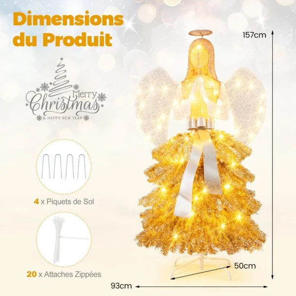 Sapin de Noël Artificiel Illuminé de 157 cm en Forme d’Ange Décoration de Noël avec LED Blanc Chaud Feuilles Dorées Piquets