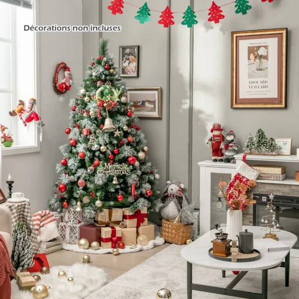 Sapin de Noël Artificiel Illuminé de 185 cm à Charnière avec 747 Branches 350 Lumières LED 55 Pommes de Pin et 55 Baies Rouges 11 Modes d'Éclairage