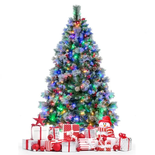Sapin de Noël Artificiel Illuminé de 185 cm à Charnière avec 747 Branches 350 Lumières LED 55 Pommes de Pin et 55 Baies Rouges 11 Modes d'Éclairage