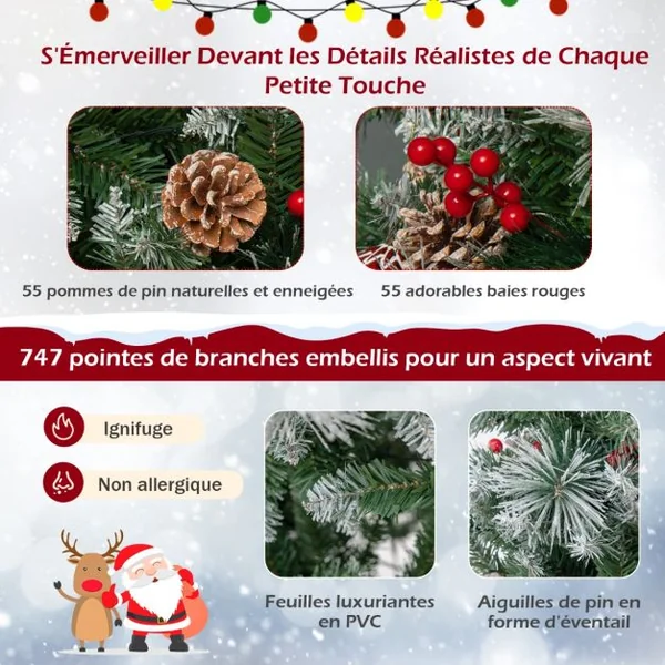 Sapin de Noël Artificiel Illuminé de 185 cm à Charnière avec 747 Branches 350 Lumières LED 55 Pommes de Pin et 55 Baies Rouges 11 Modes d'Éclairage