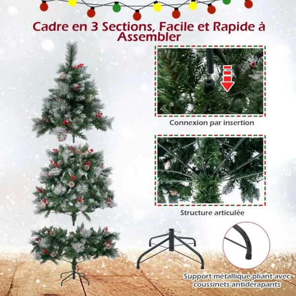 Sapin de Noël Artificiel Illuminé de 185 cm à Charnière avec 747 Branches 350 Lumières LED 55 Pommes de Pin et 55 Baies Rouges 11 Modes d'Éclairage