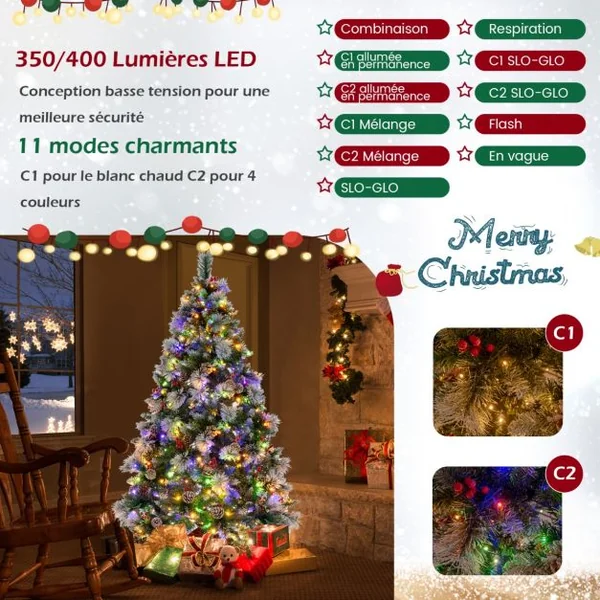 Sapin de Noël Artificiel Illuminé de 185 cm à Charnière avec 747 Branches 350 Lumières LED 55 Pommes de Pin et 55 Baies Rouges 11 Modes d'Éclairage