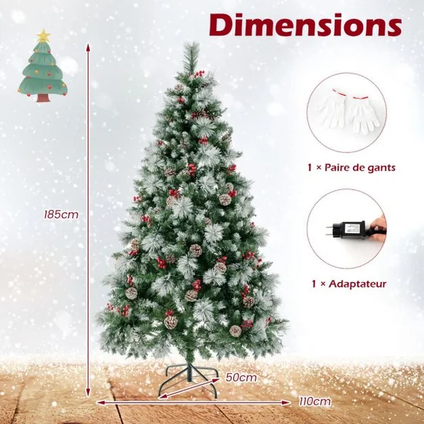 Sapin de Noël Artificiel Illuminé de 185 cm à Charnière avec 747 Branches 350 Lumières LED 55 Pommes de Pin et 55 Baies Rouges 11 Modes d'Éclairage